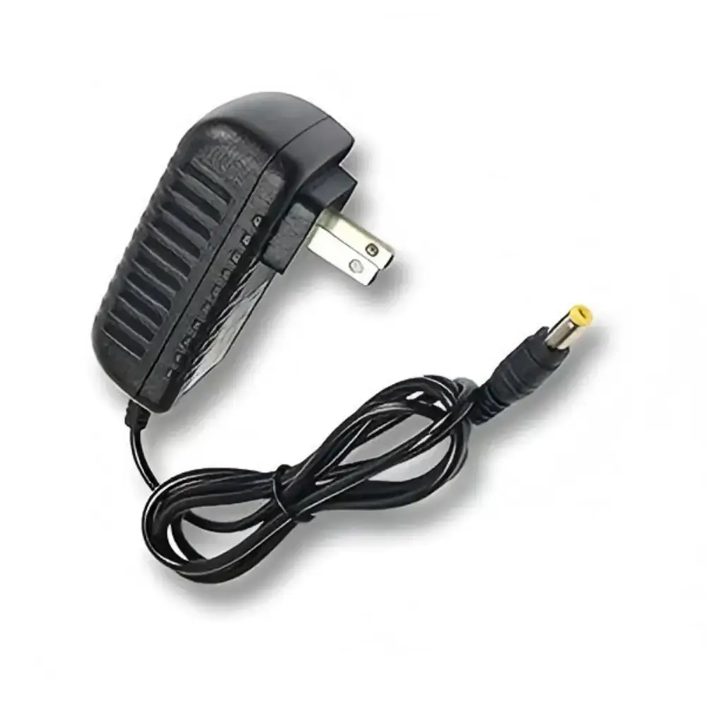Compact wall-mounted 12V power adapter with DC barrel plug cable