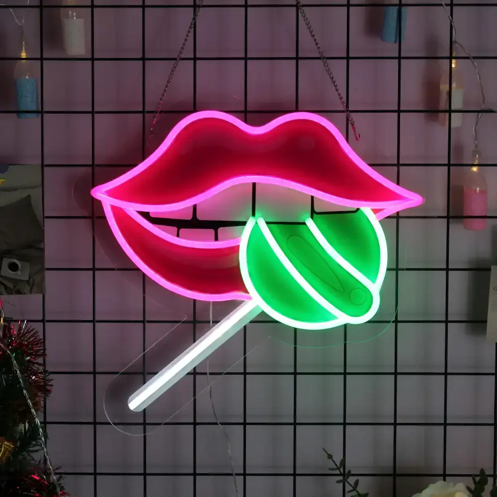 UV-printed pink lips and green lollipop LED neon sign on clear acrylic