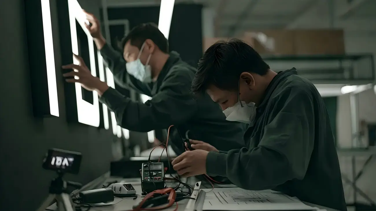 Technicians wearing masks testing wiring on illuminated letter sign in workshop