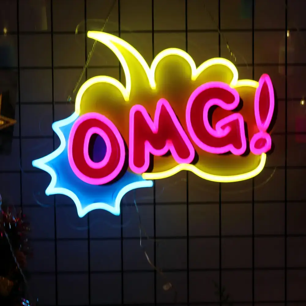 Colorful OMG comic-style LED neon sign with pink yellow and blue lighting