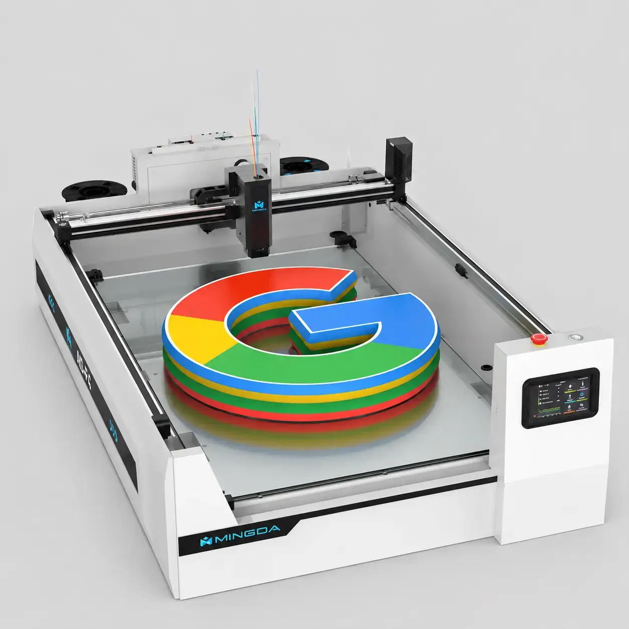 Large-format 3D printer producing a multicolored letter G