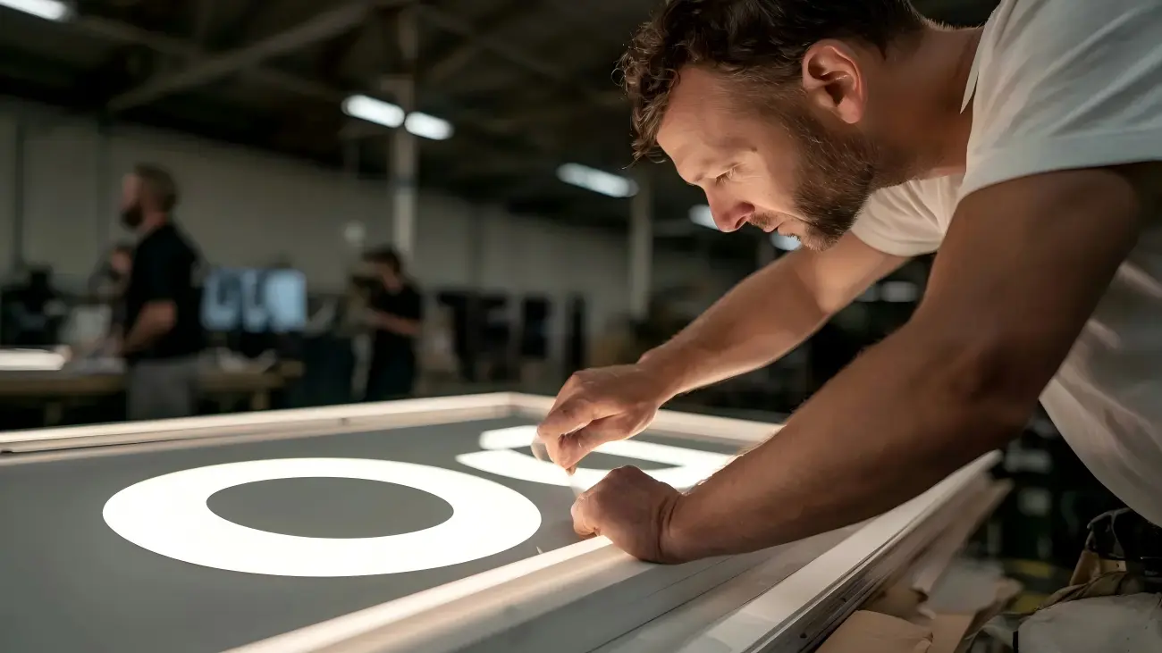 Worker applying vinyl film to illuminated letter O and Q on light table