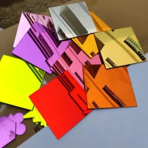 Colored mirror acrylic sheet samples in silver, gold, orange, red, yellow, pink, and purple