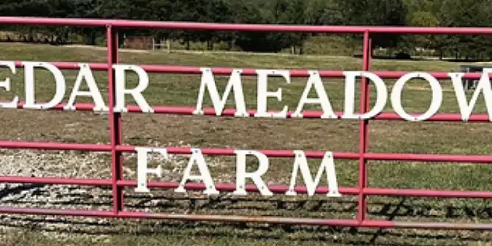 White Cedar Meadow Farm acrylic letters mounted on a red metal entrance gate
