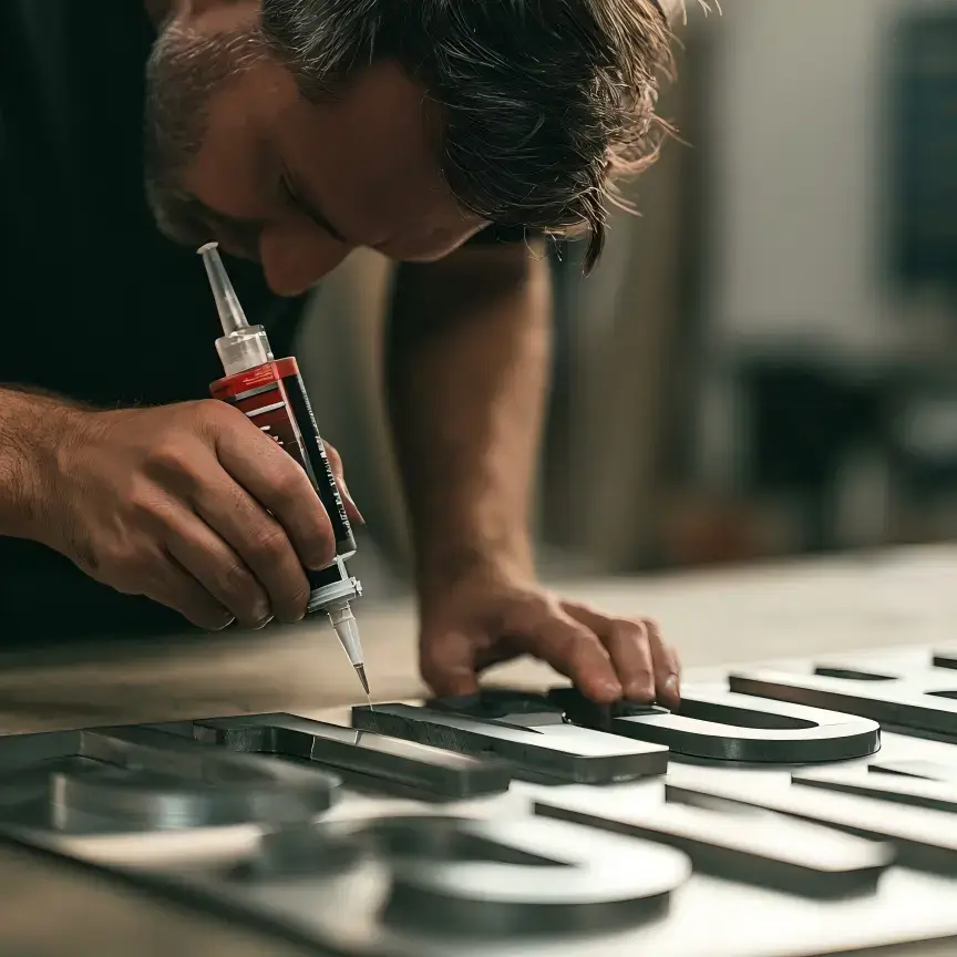 Technician applying structural adhesive to the back of metal channel letters during installation