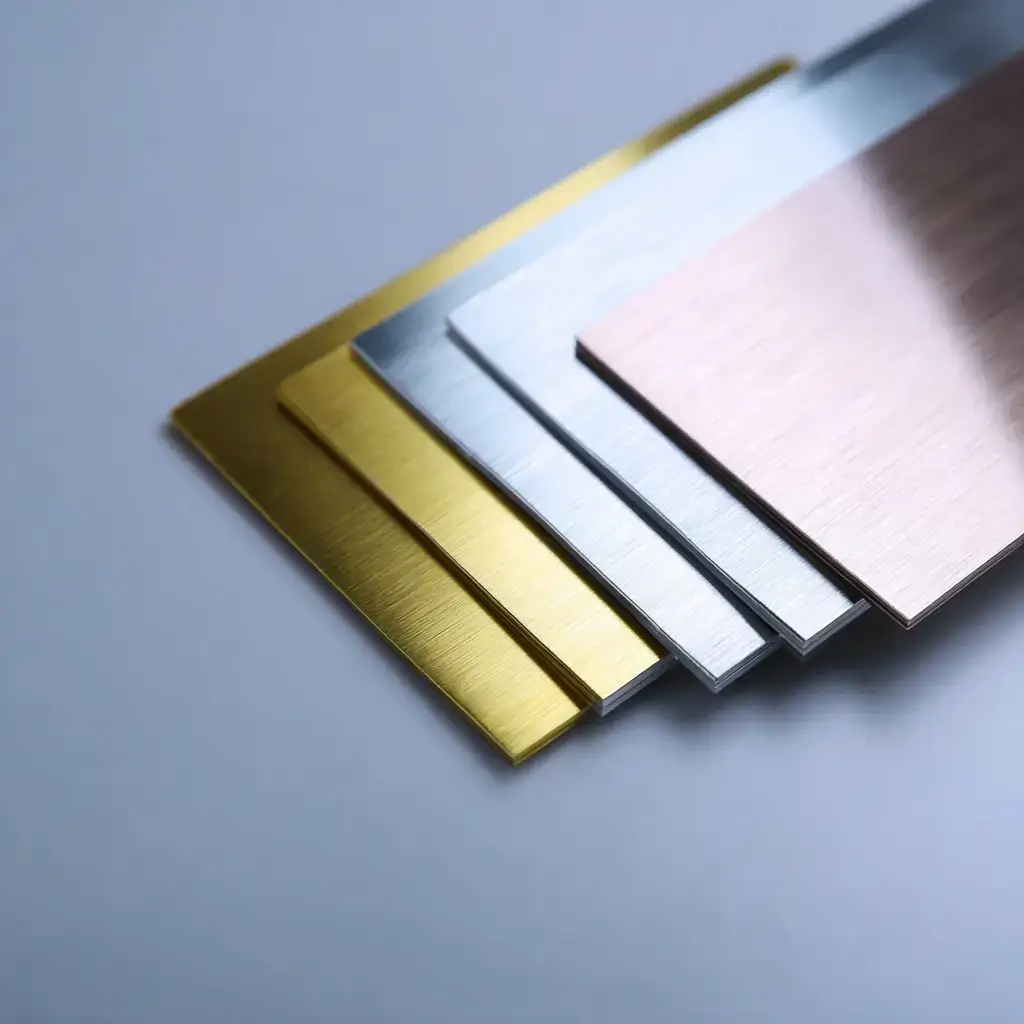 Brushed aluminum sheet samples in gold silver and rose finishes