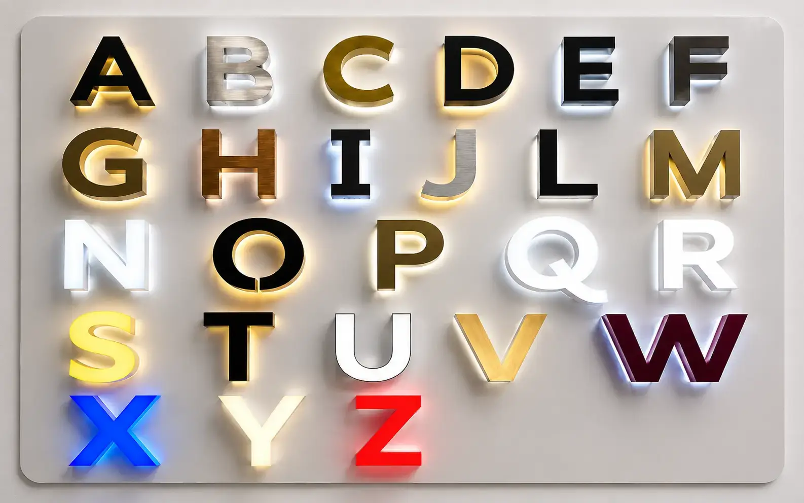 Full A to Z alphabet display of illuminated letters in various colors and finishes