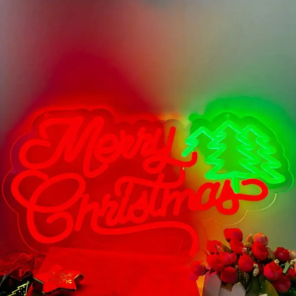 Red Merry Christmas LED neon sign with green Christmas trees