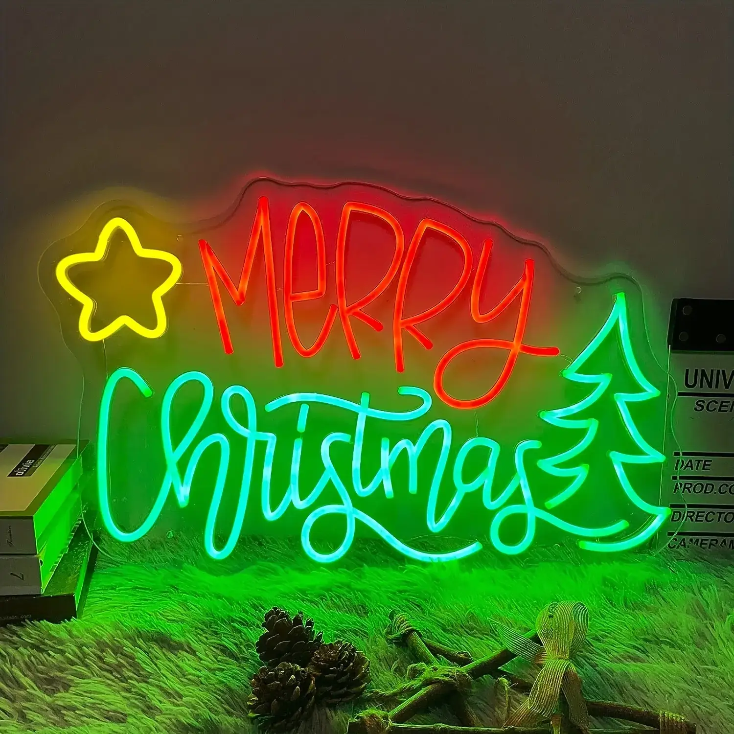 Multicolor Merry Christmas neon sign with star and Christmas tree