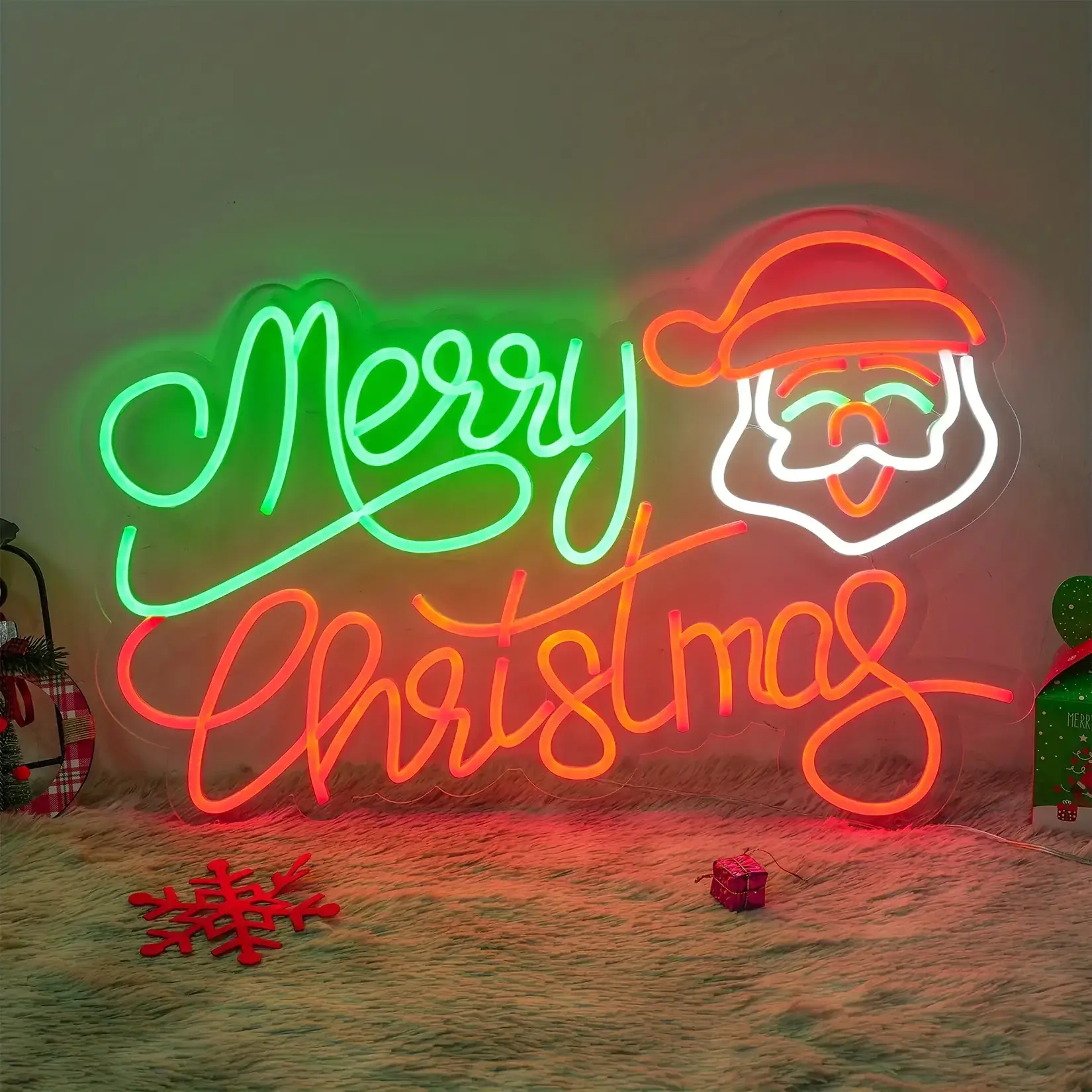 Colorful Merry Christmas LED neon sign with Santa Claus face