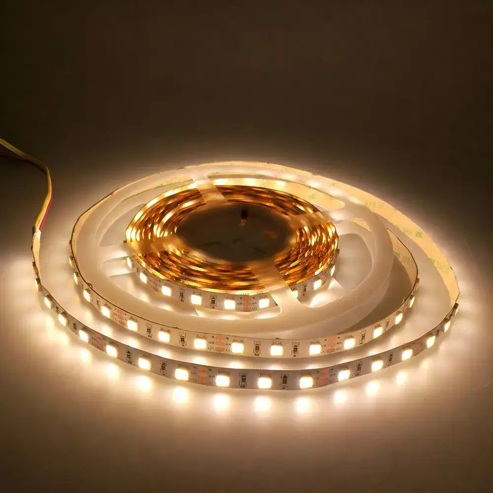Cool white LED strip illuminated on a coiled reel