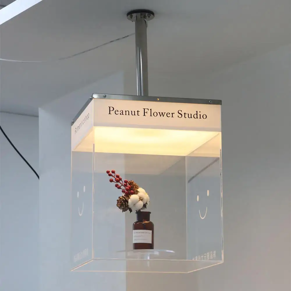 Suspended transparent acrylic flower display light box for Peanut Flower Studio