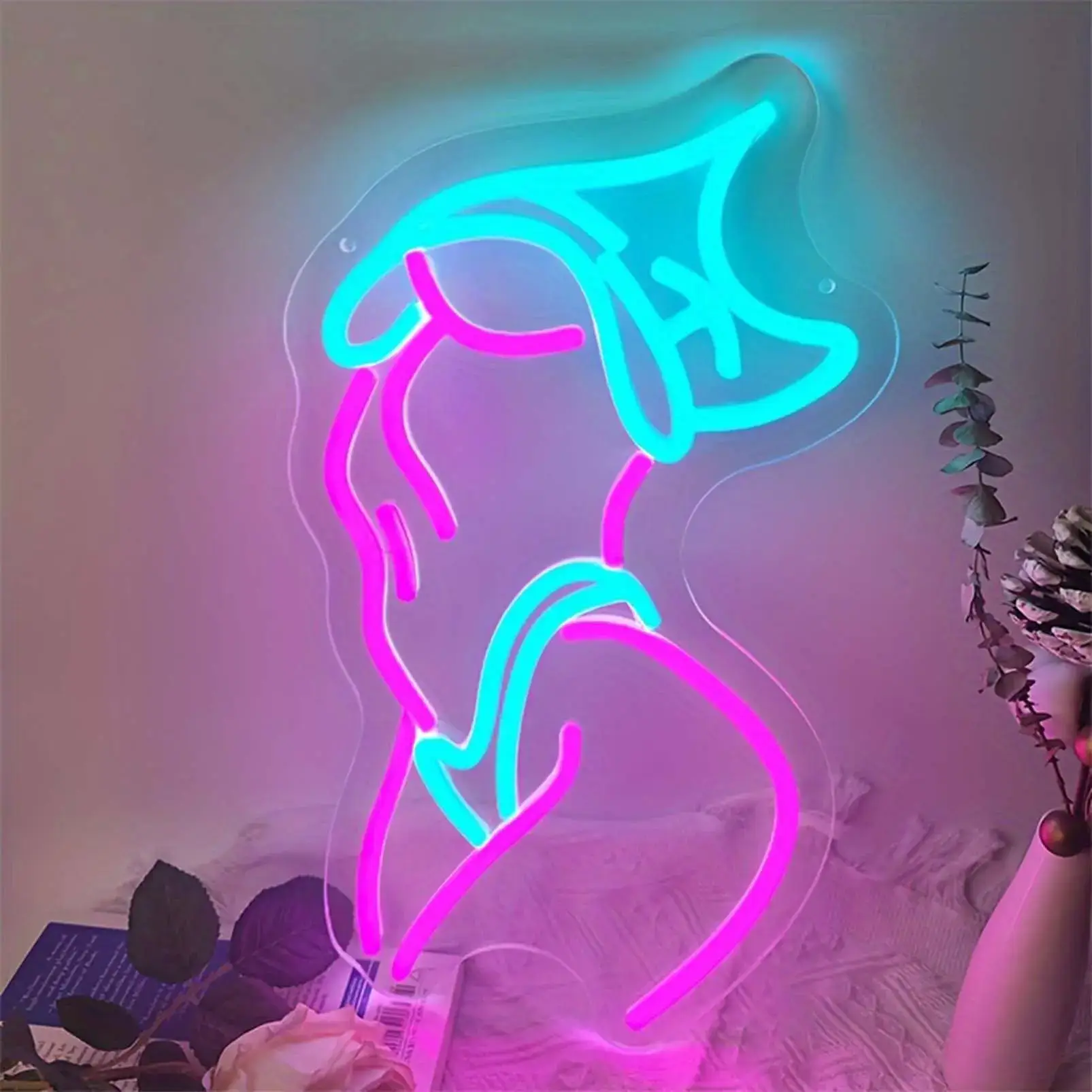 Pink and cyan tropical bird LED neon sign on clear acrylic