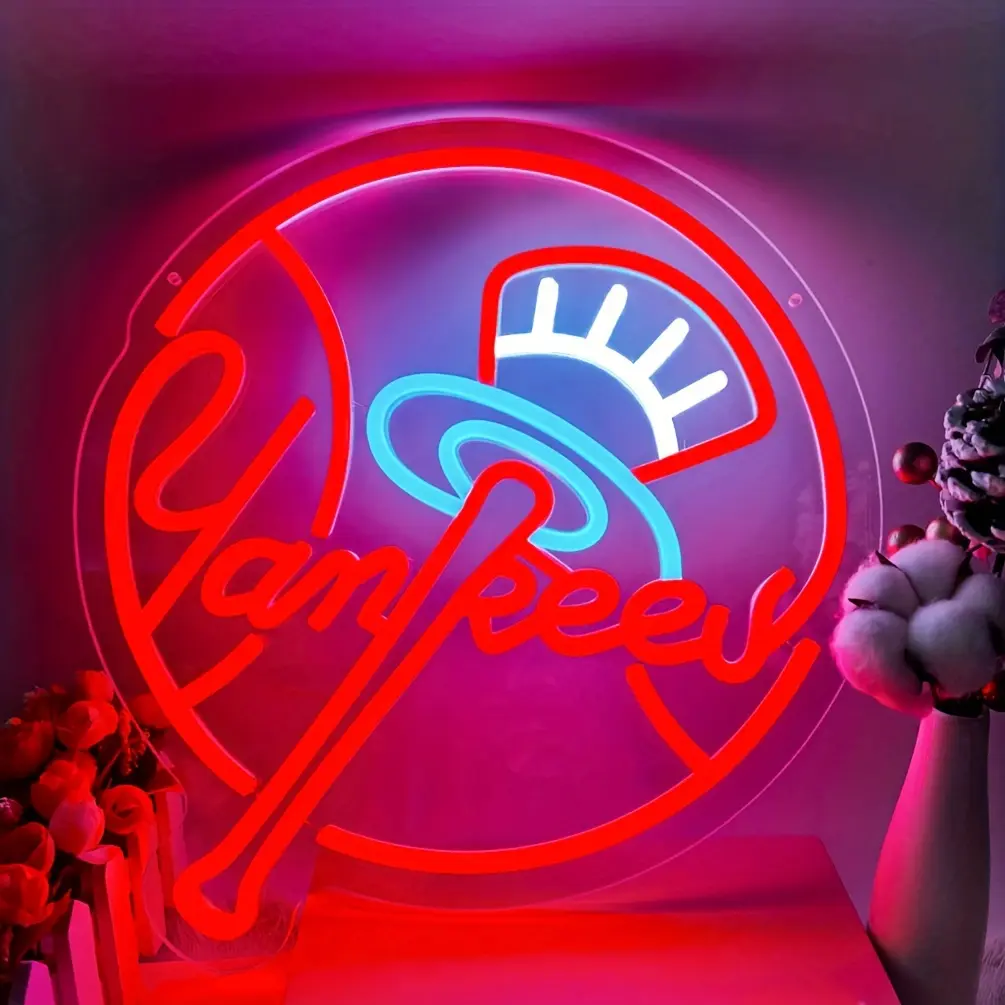 Red baseball-inspired Yankees LED neon sign with ball graphic