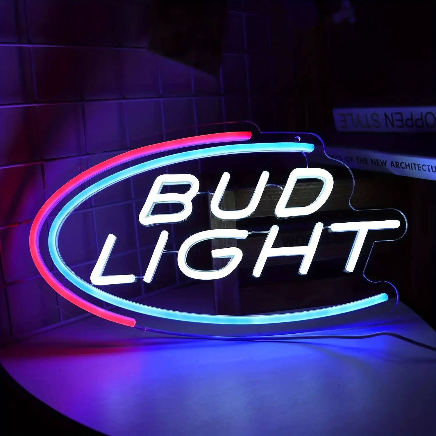 Bud Light style LED neon sign with red and cyan oval border