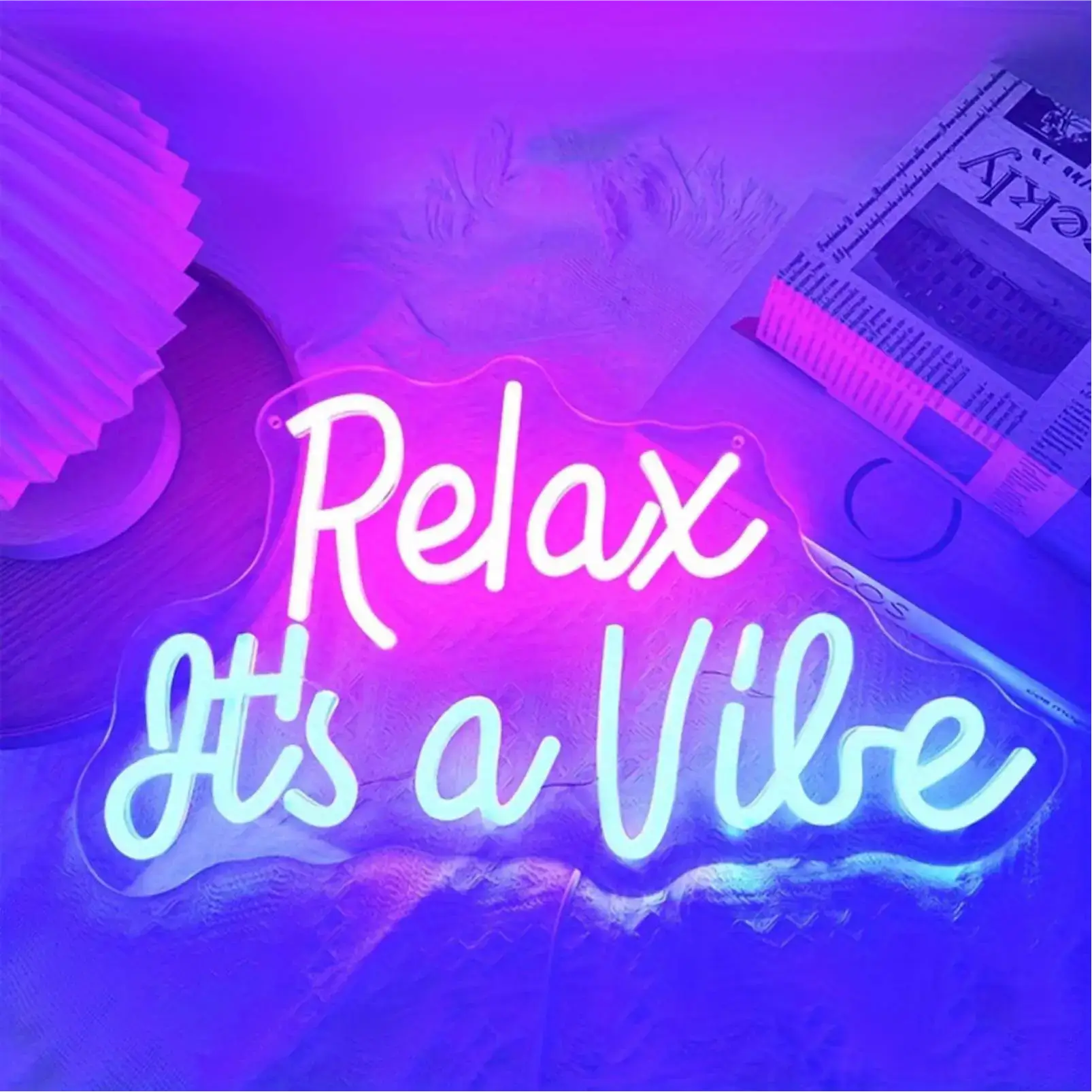 Relax It’s a Vibe LED neon sign in purple and blue lighting