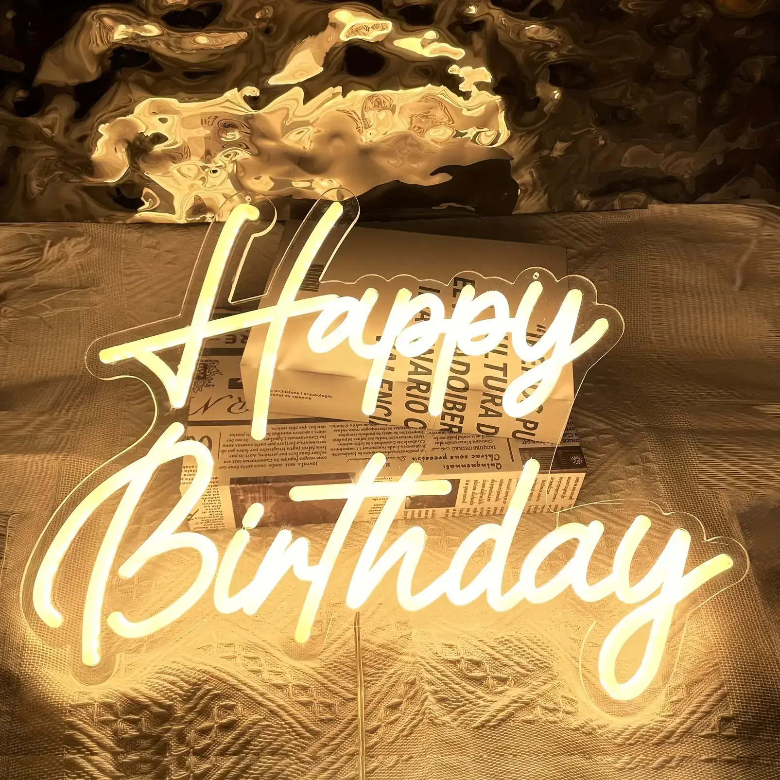 Warm white Happy Birthday LED neon signs on clear acrylic