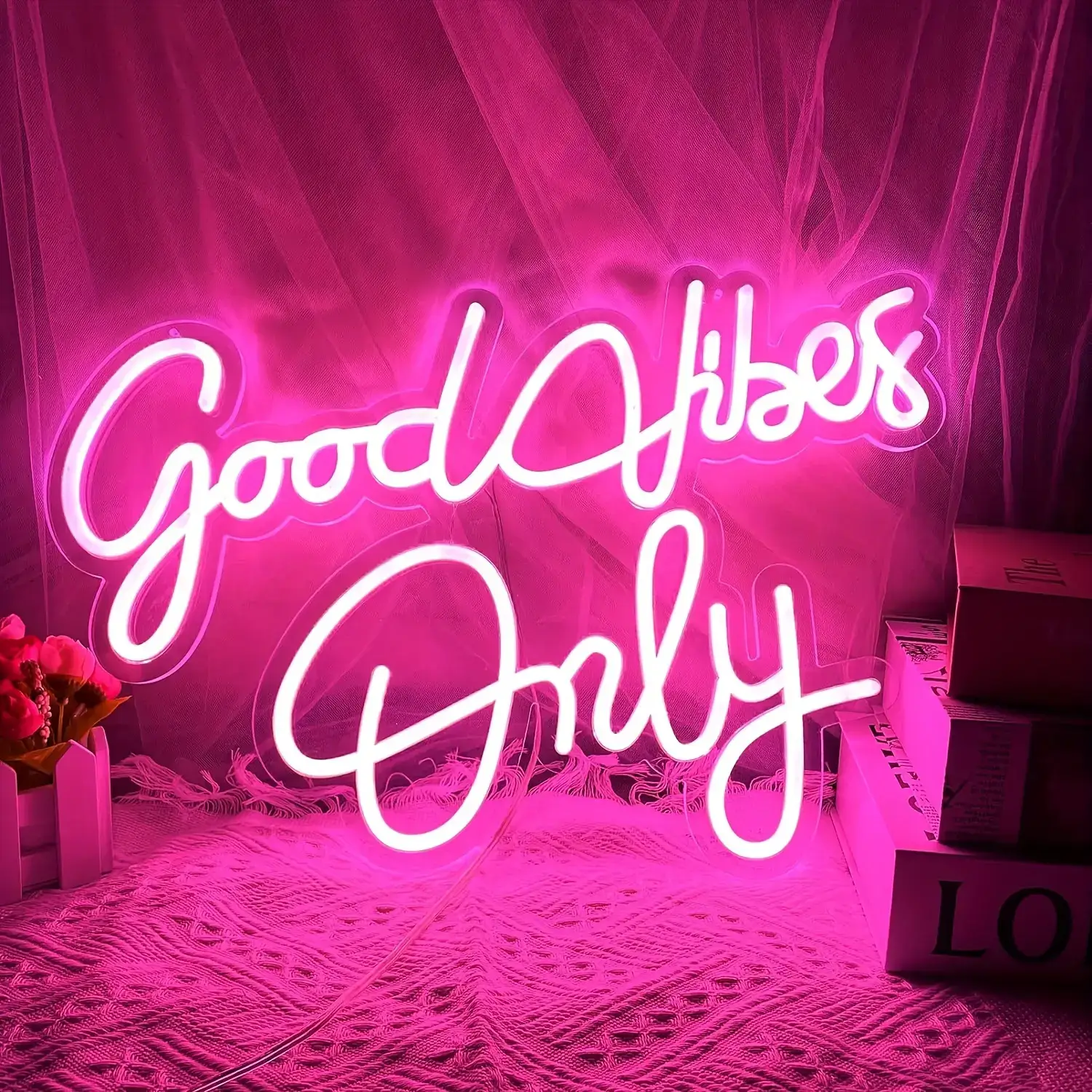 Pink and white Good Vibes Only LED neon sign