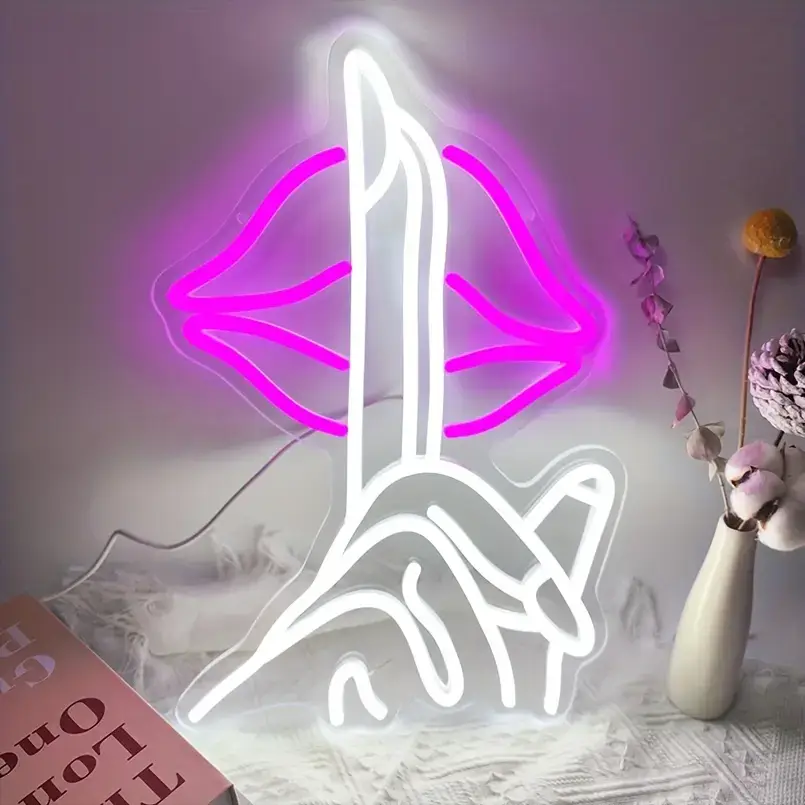 White hand gesture and pink lips custom LED neon sign