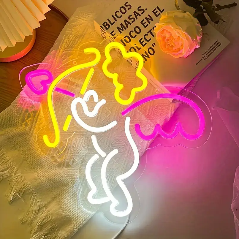 Colorful angel outline LED neon sign on clear acrylic