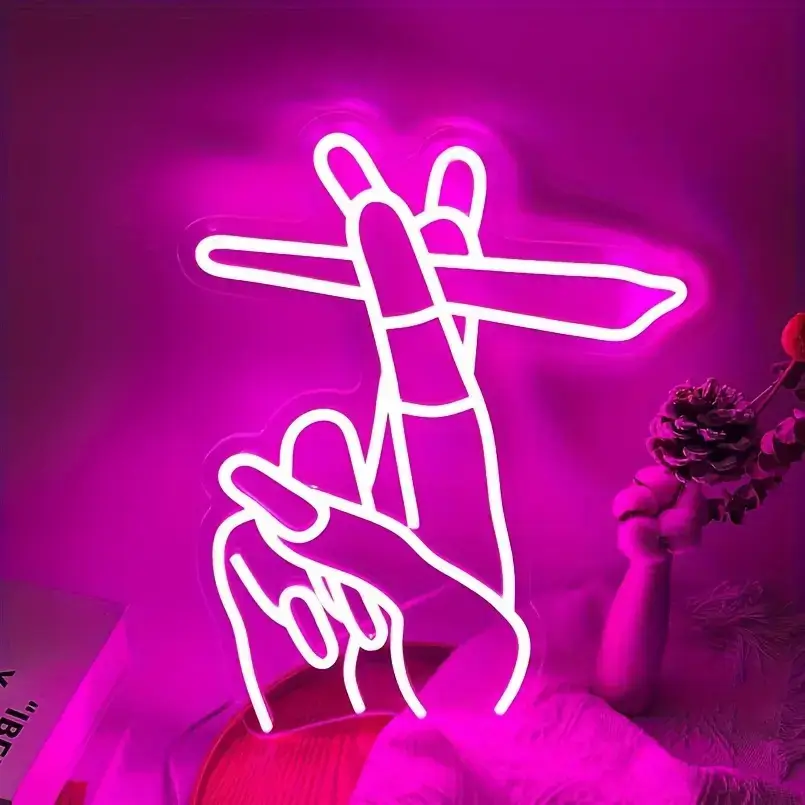 White crossed-fingers hand gesture LED neon sign