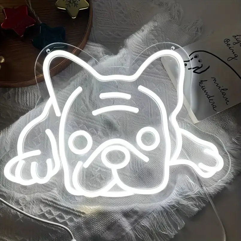 White cartoon dog face LED neon sign on clear acrylic