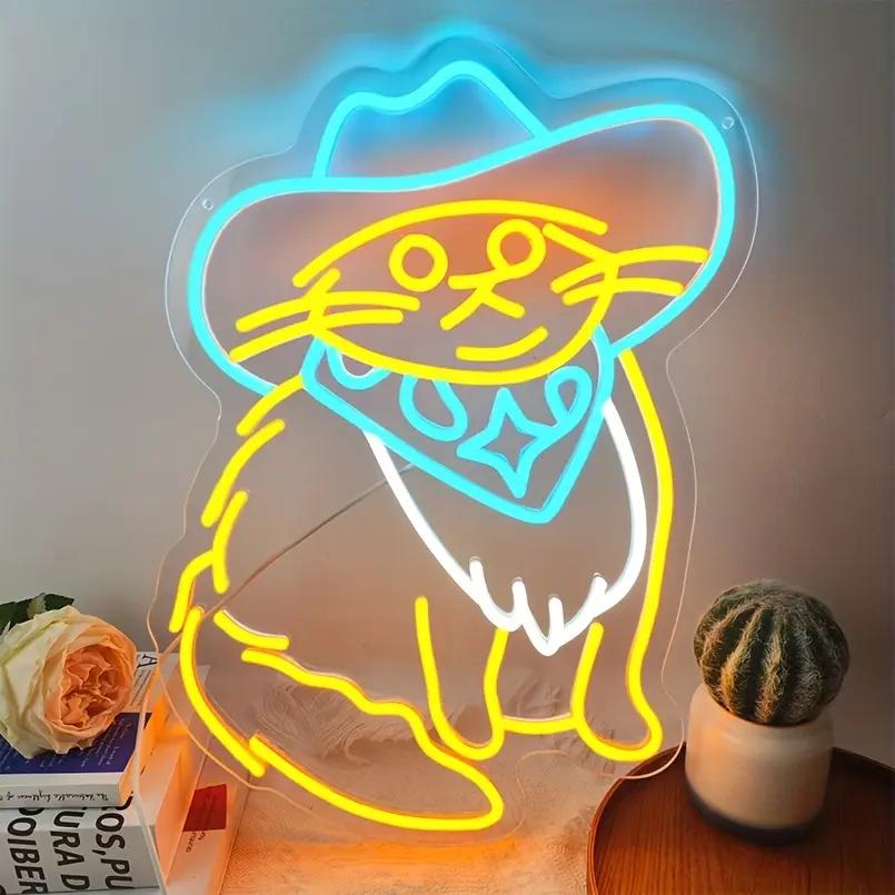Colorful cowboy cat LED neon sign with hat and bandana