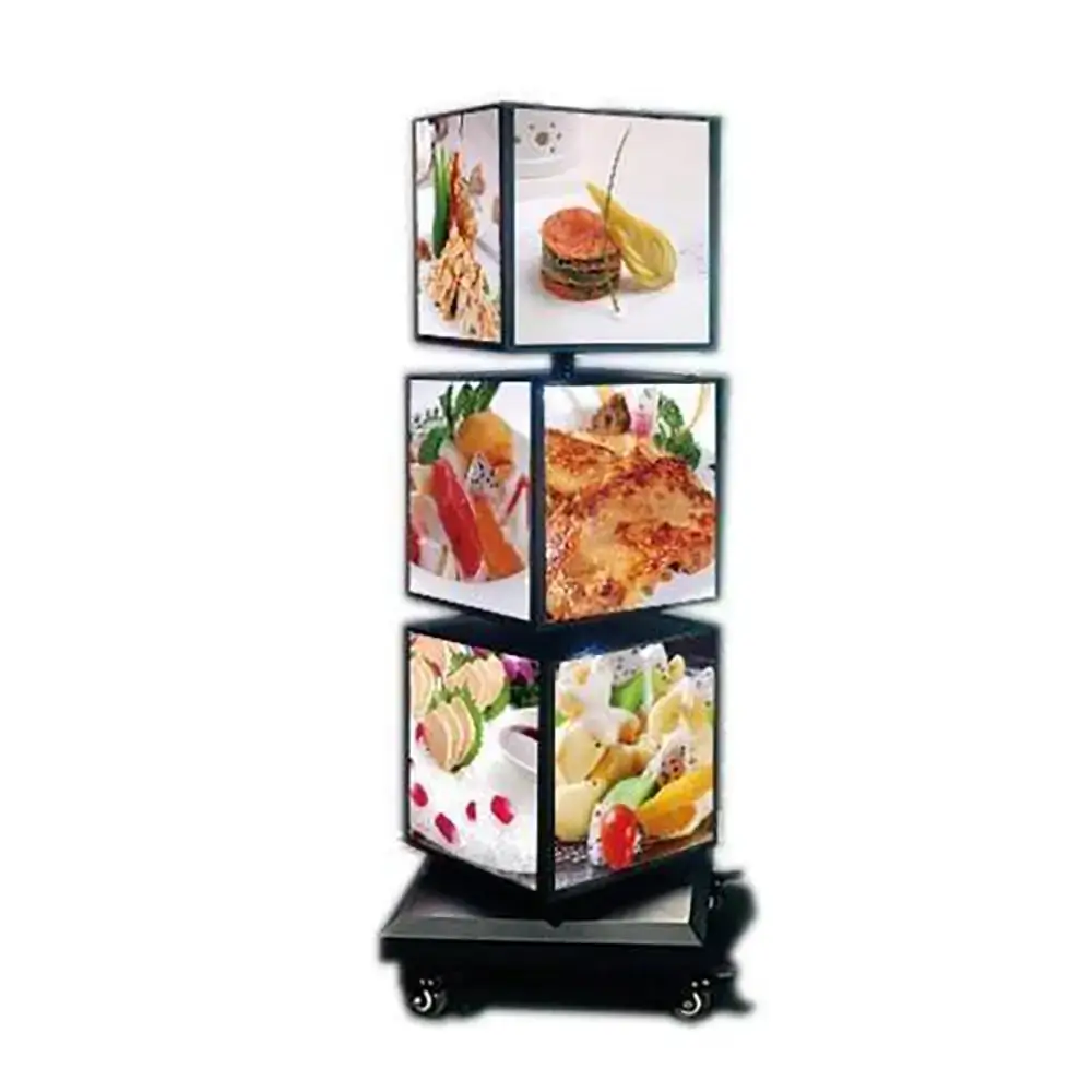 Mobile freestanding rotating light box tower with food images on stacked cube panels