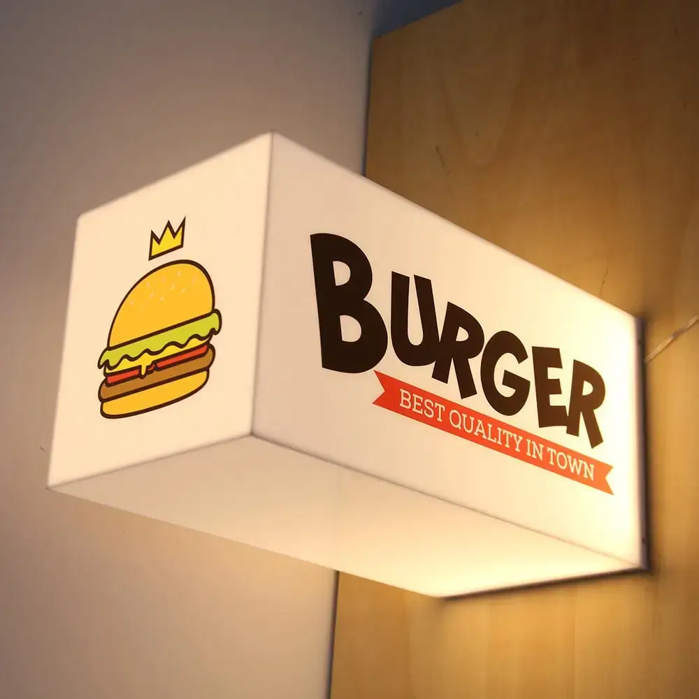 Wall-mounted full acrylic light box with illuminated burger restaurant graphics