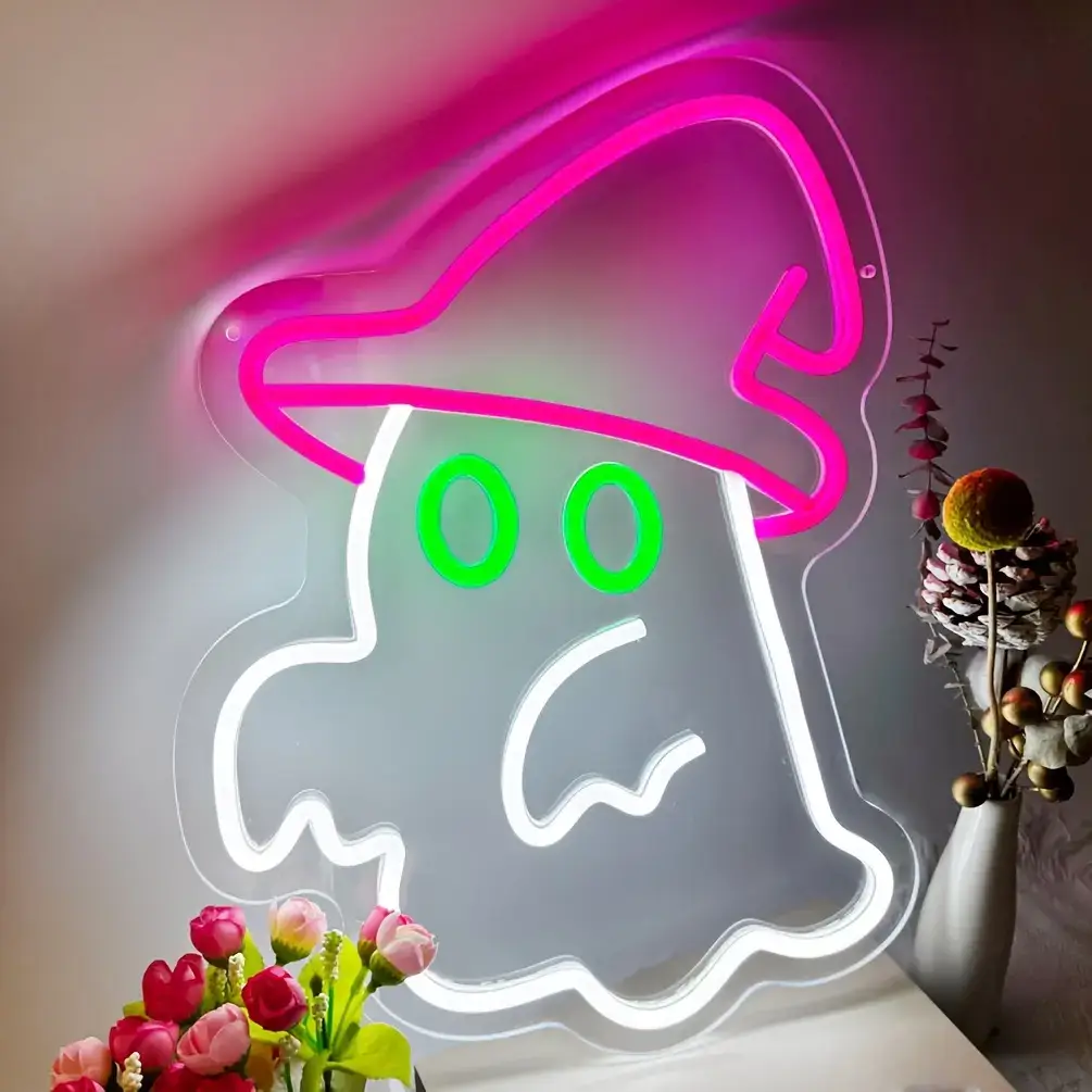 White ghost Halloween neon sign with pink witch hat