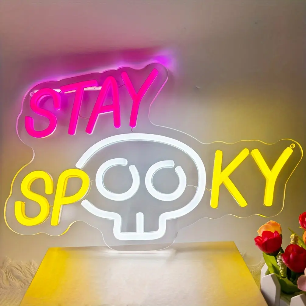 Stay Spooky Halloween LED neon sign with white skull