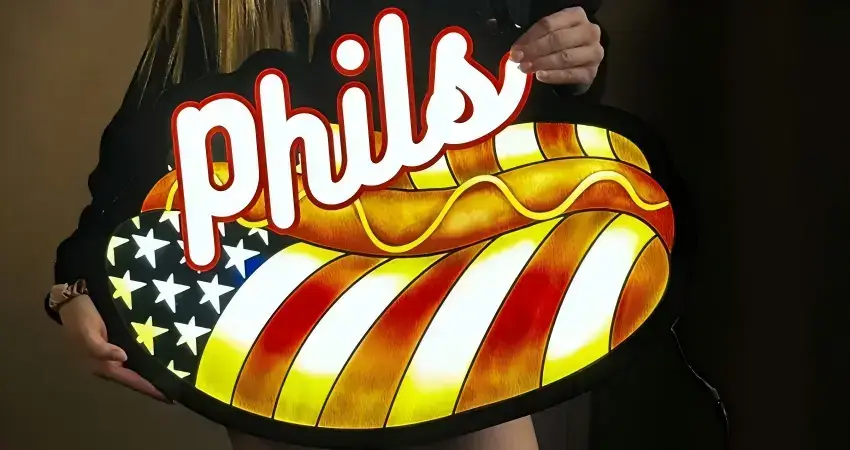 Handheld custom-shaped ultra-thin light box with an illuminated hot dog graphic