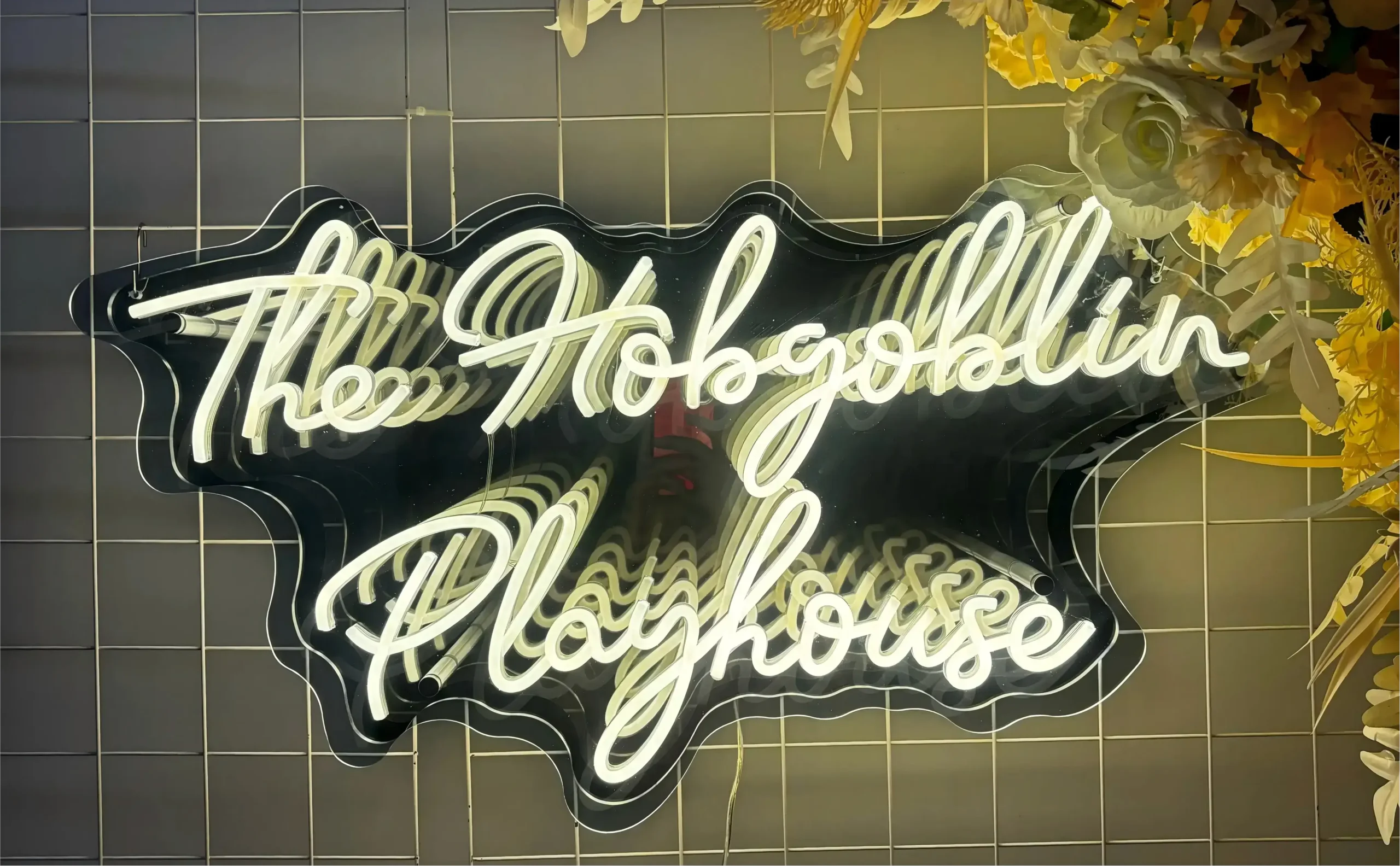 White script infinity mirror LED neon sign with layered reflections