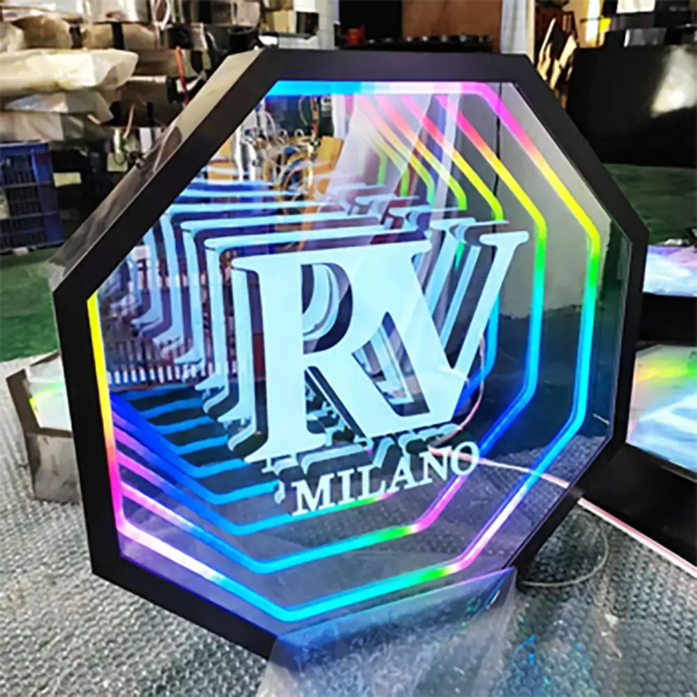 Octagonal infinity mirror light box with RGB reflections and an illuminated RV Milano logo