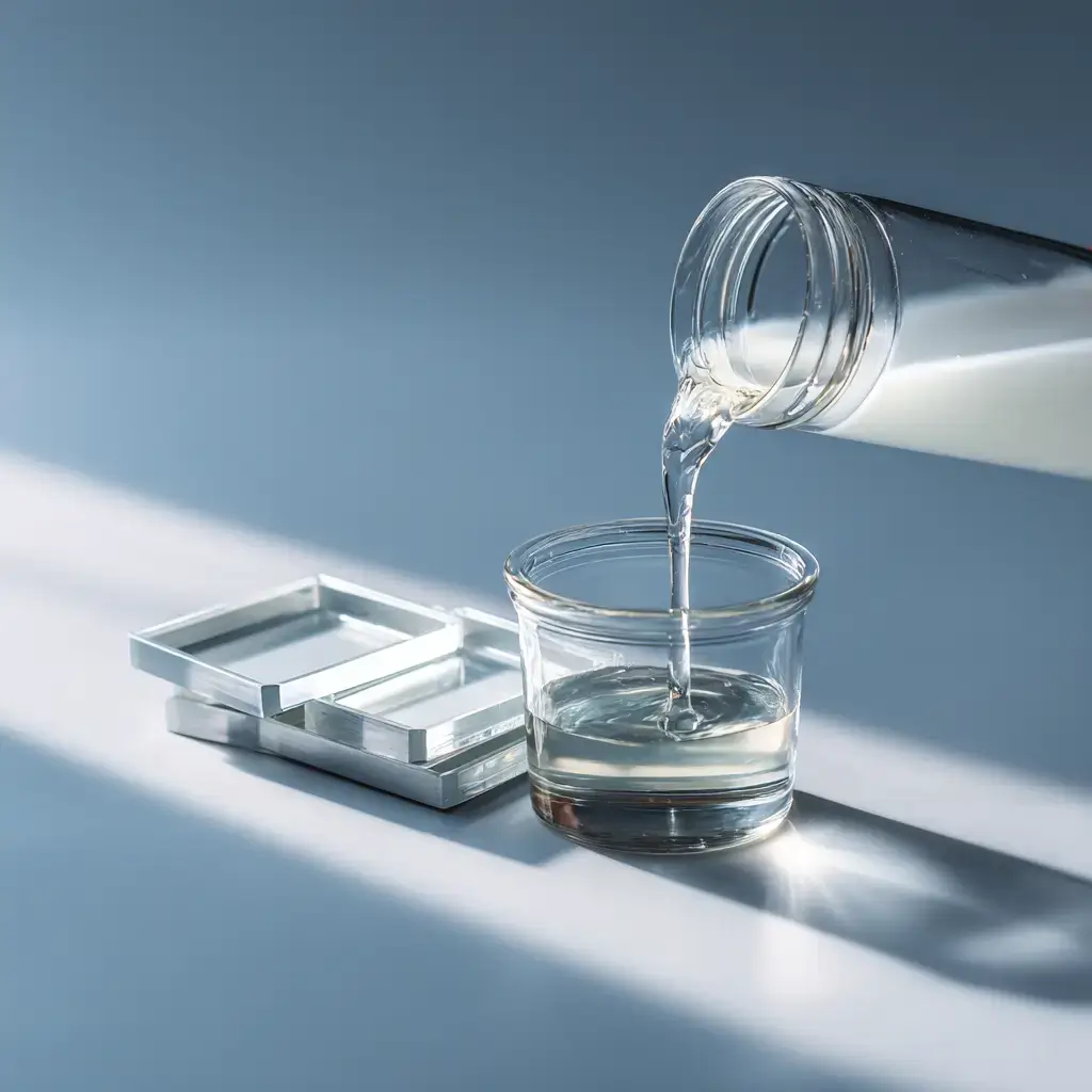 Clear liquid acrylic material being poured beside transparent cured acrylic samples