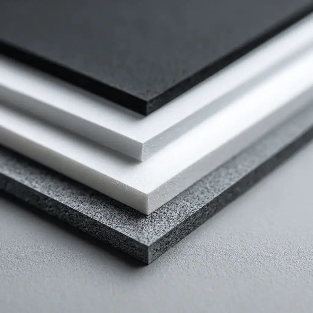 Stacked black, white, and gray PVC foam board sheets in different thicknesses