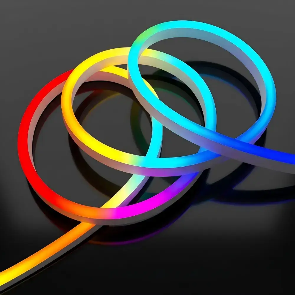 Flexible RGB LED neon strip displaying multiple colors