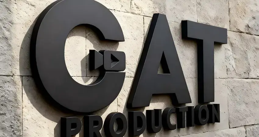 CAT Production black dimensional letters with play button icon on stone wall