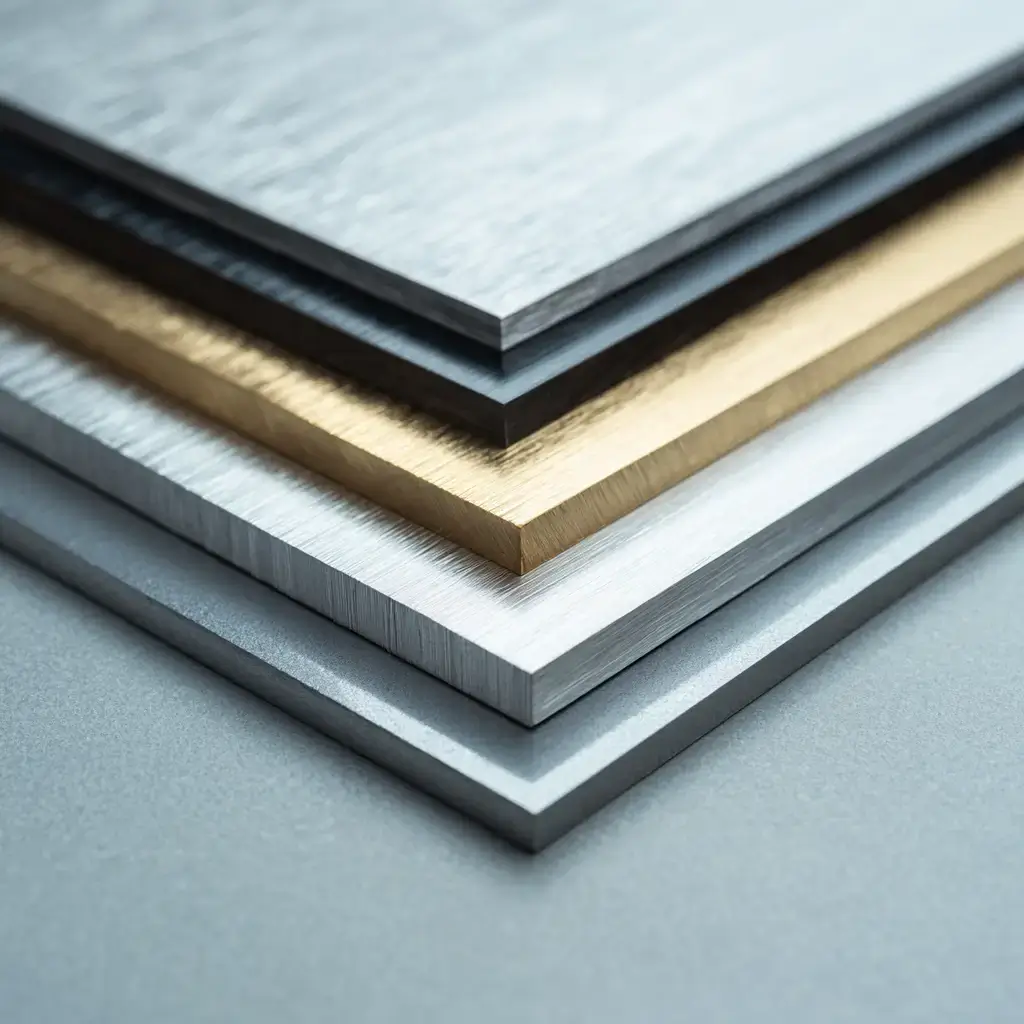 Stacked stainless steel sheets in silver, black, and gold finishes