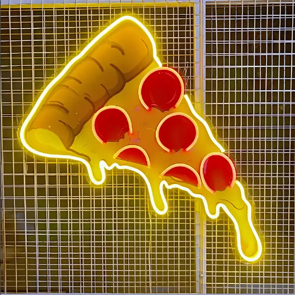 UV-printed pepperoni pizza slice sign outlined with yellow LED neon