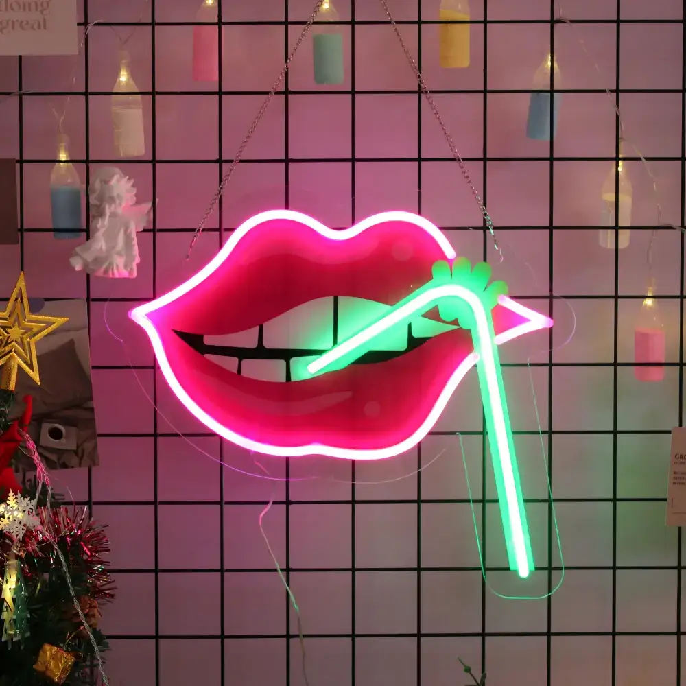 UV-printed pink lips and green straw LED neon sign hanging on a display grid