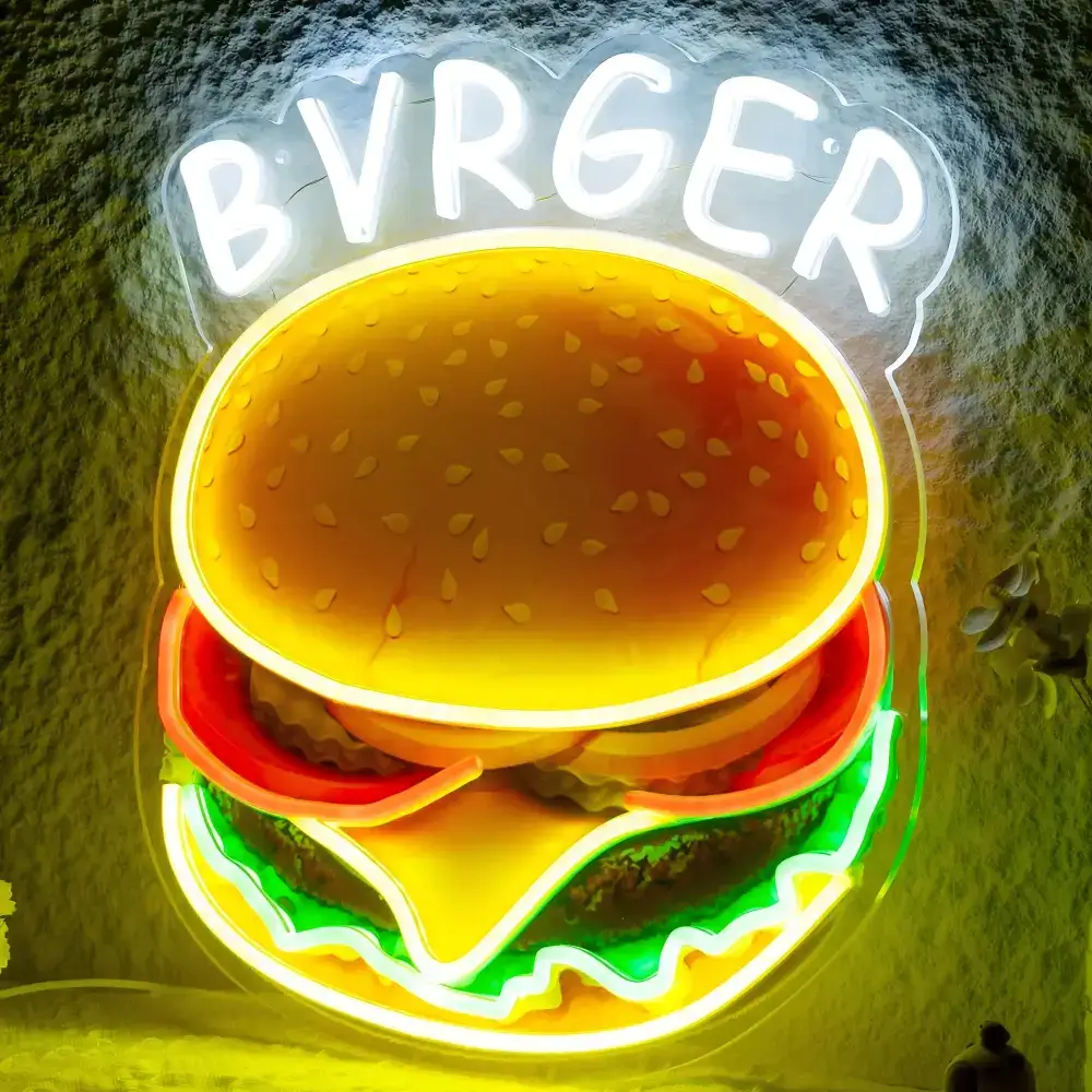 UV-printed burger sign with colorful LED neon outlines and illuminated lettering