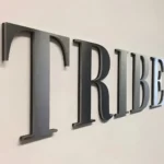 Brushed metal flat-cut dimensional letters spelling TRIBE mounted on wall