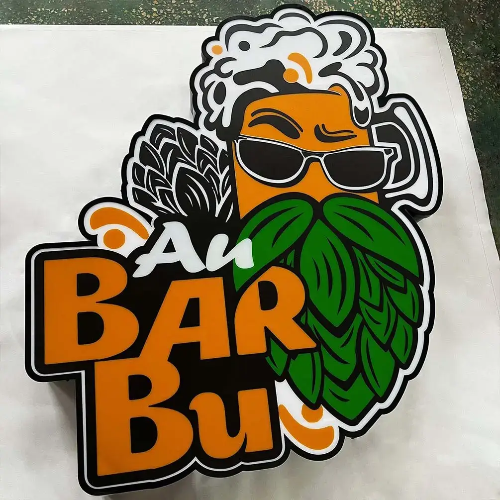 Digitally printed acrylic bar logo with orange, green, black, and white graphics