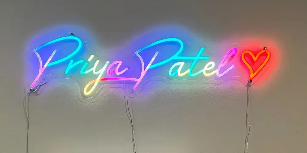 Multicolor Priya Patel RGB LED neon name sign with heart symbol