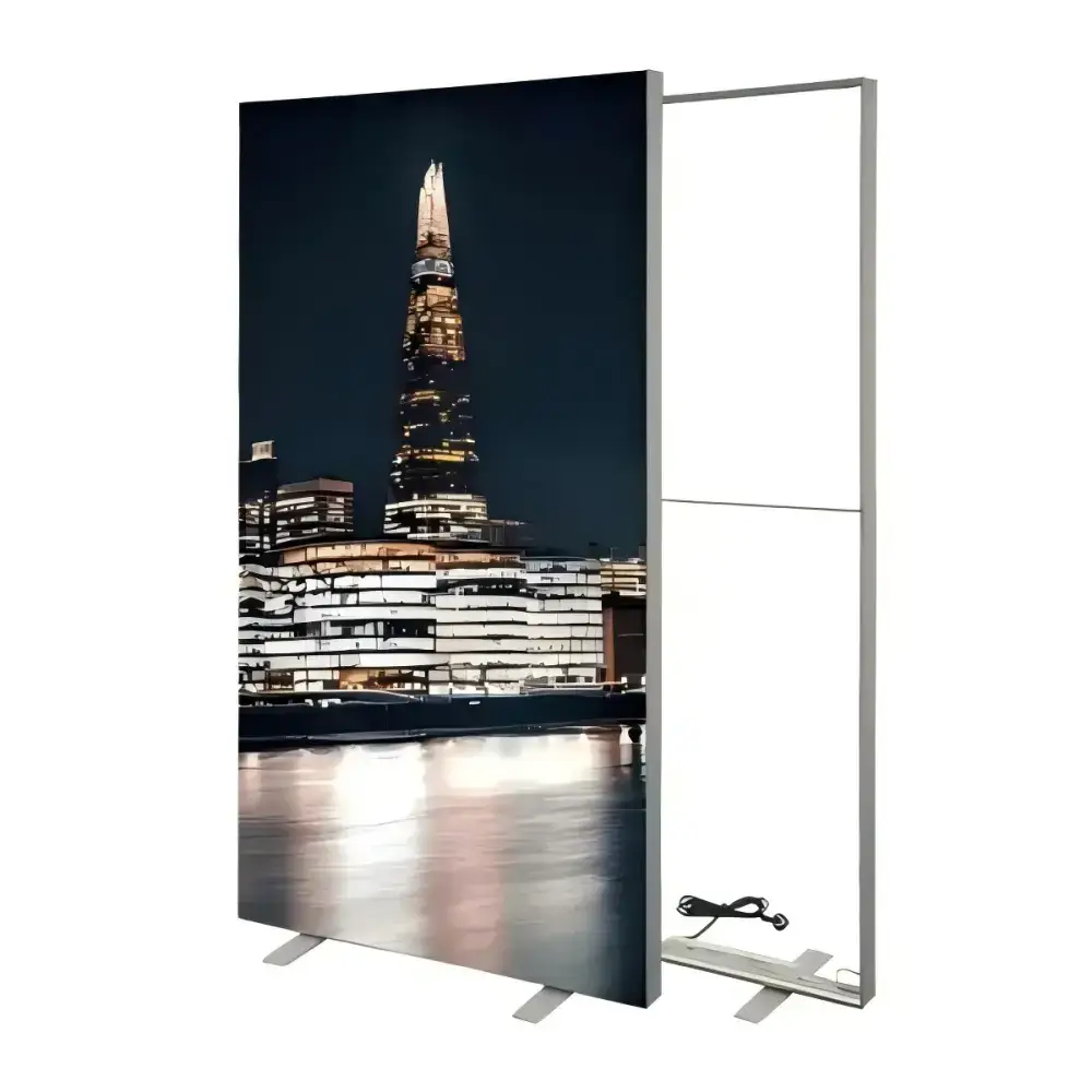 Freestanding SEG fabric light box shown beside its aluminum frame and support feet