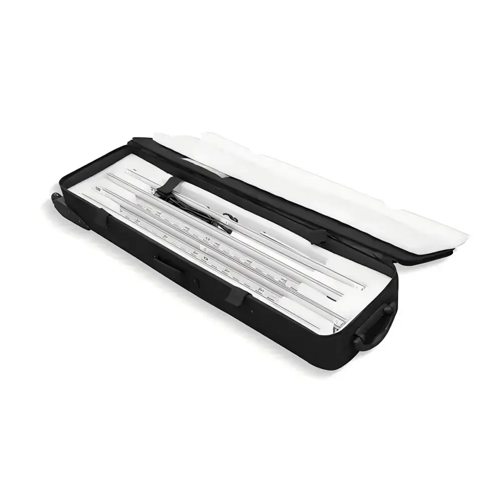 Portable carrying case containing disassembled SEG fabric light box components