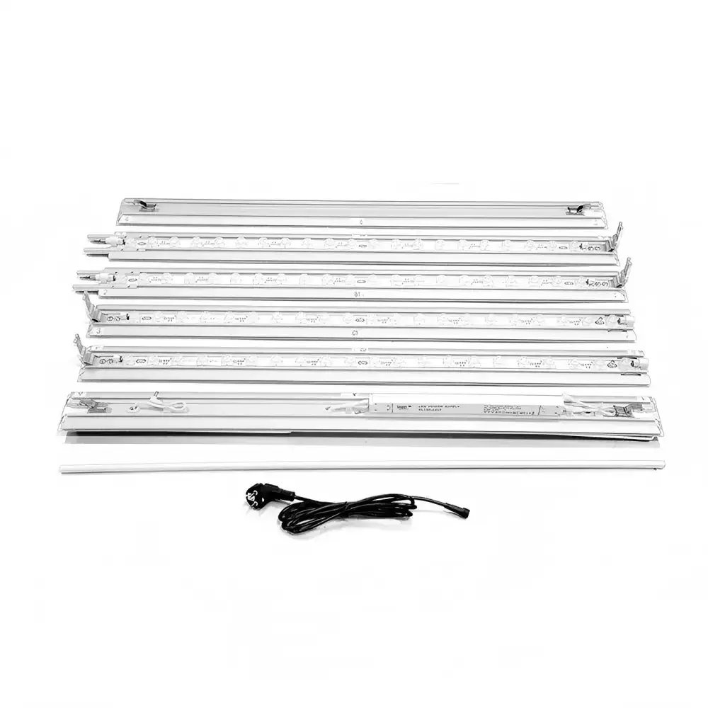 Disassembled aluminum SEG light box frame sections with LED strips and power cable