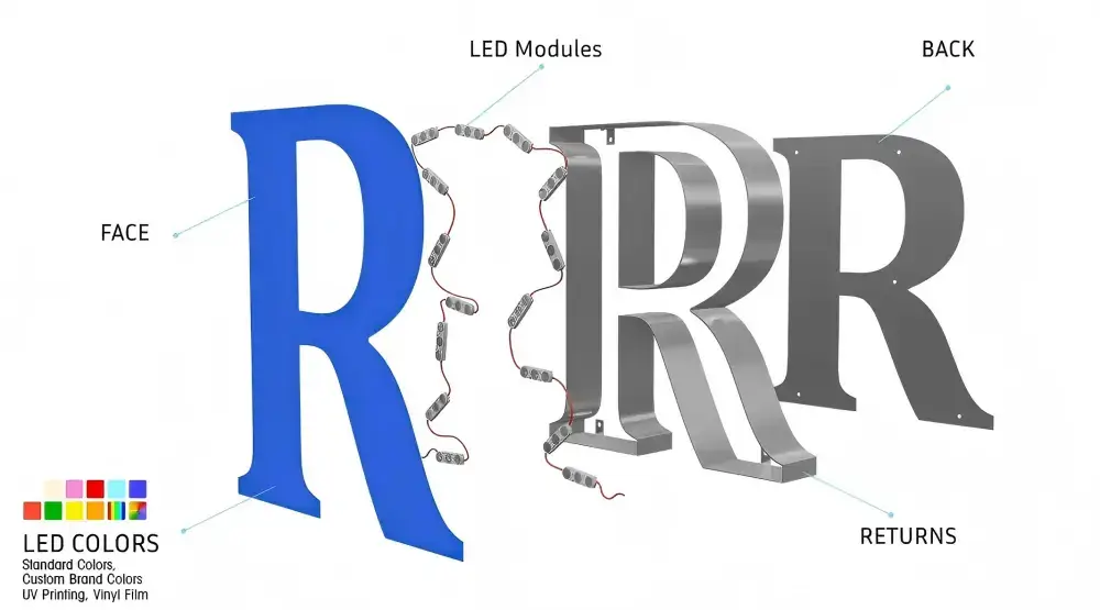 Exploded diagram of channel letter R showing face, LED modules, returns, and back panel layers