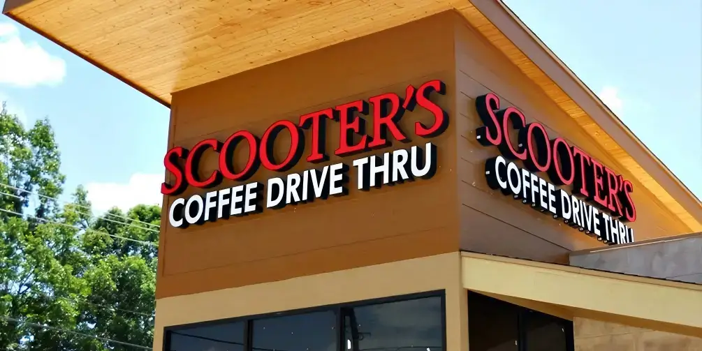 Red and white front-lit channel letters for a coffee drive-through storefront